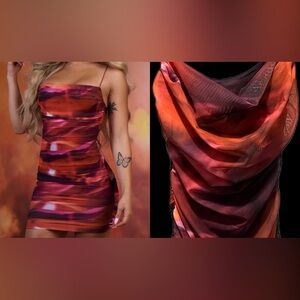 OH POLLY Lunar Sleeveless Bodycon Ruched Mesh Mini Dress in Orange